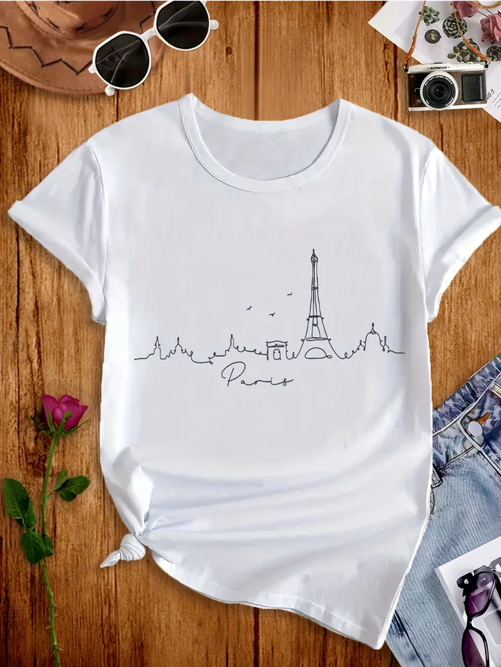Chic Paríž Eiffel Tower Print Tee - Príležitostná časť krku posádky Krátke rukávy pre ženy, priedušná zmes polyesteru