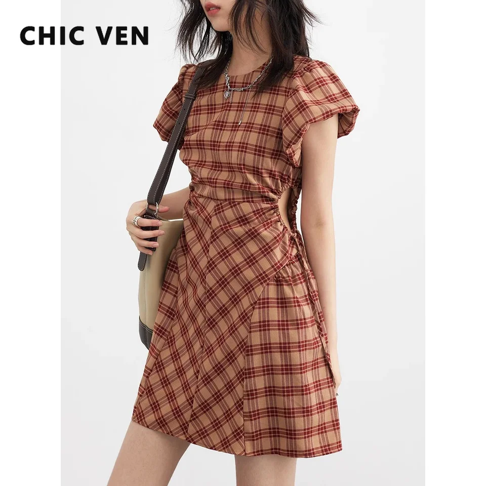 Chic Ven Kórejský štýl Dámske šaty A-Line Retro High Wased Design Plaid Bubble Ruckve Dievčatá šaty šnúrka Žena 2023 Trend
