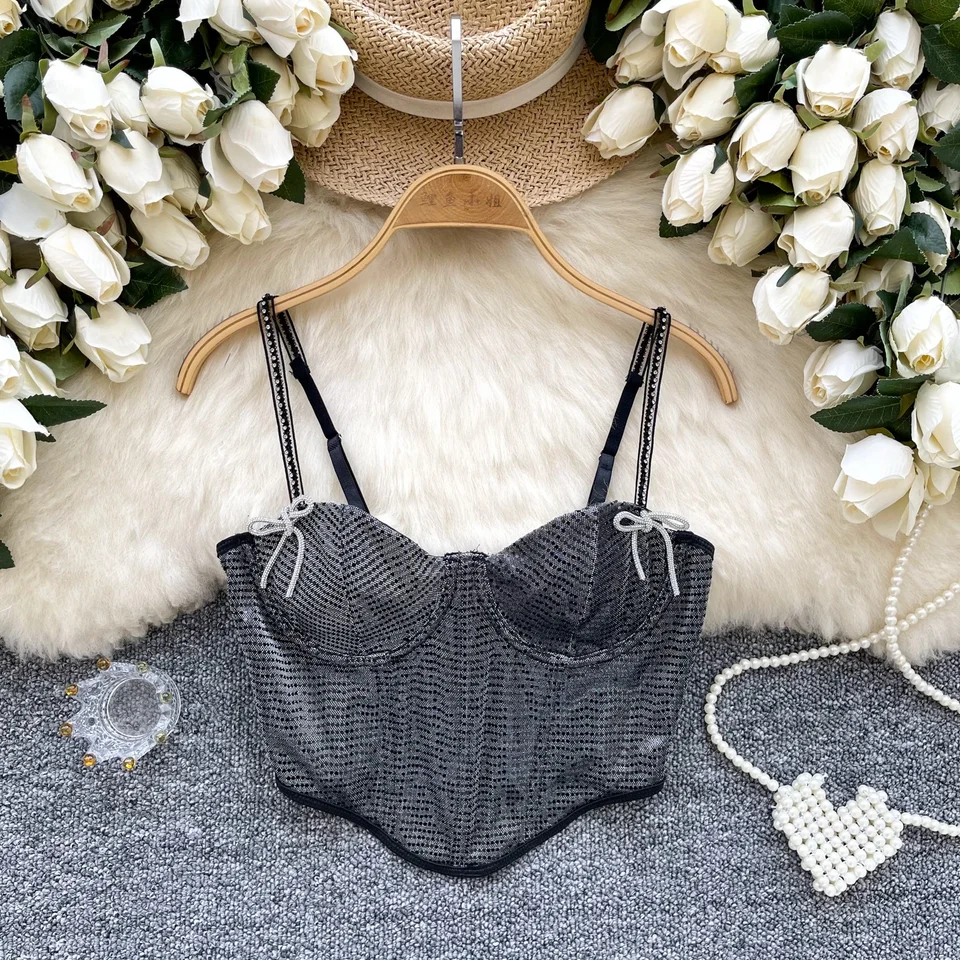 Chic Vintage Hotsweet Smhinestone Flitry Slim Corset Ins Bustier Tank Top Basic Sexy Fashion Off Ramery Summer Women Top