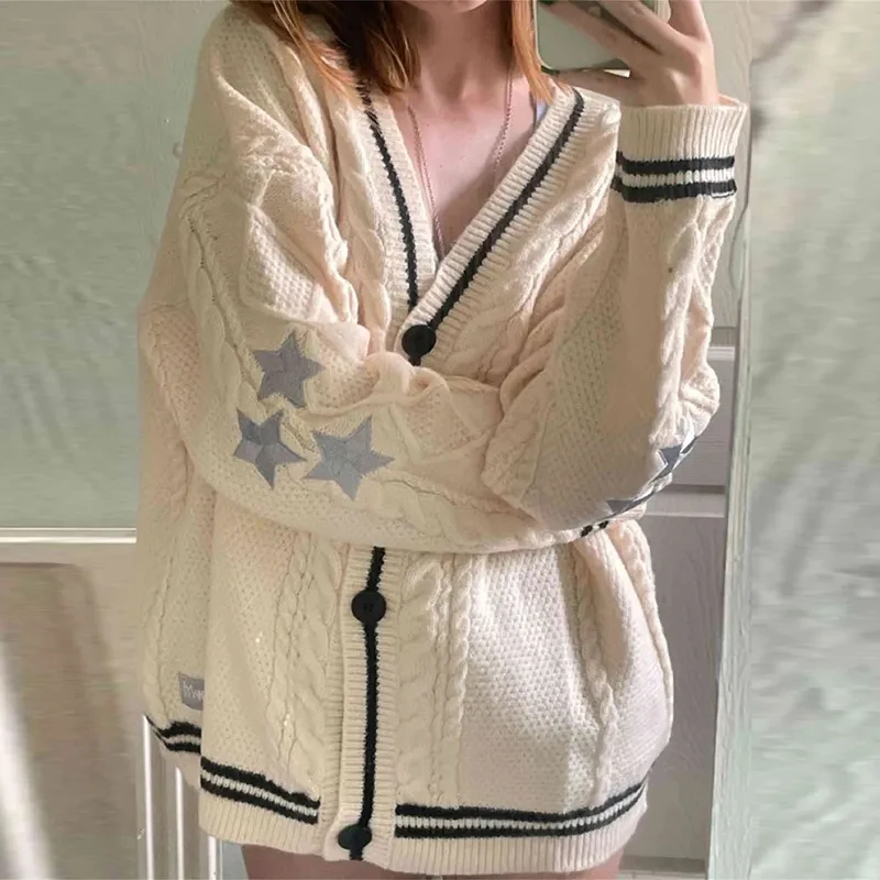 Chic Vintage Star Print Pletená kardigan preppy roztomilý gombík v krku s dlhým rukávom srsť 2023 jeseň y2k estetics retro sveter
