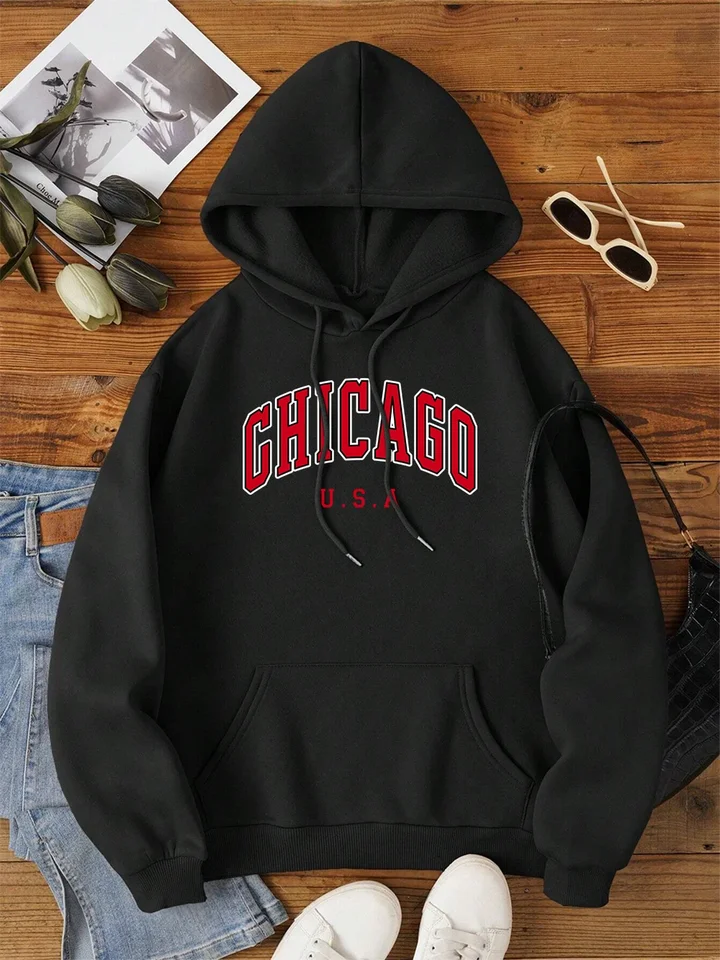 Chicago USA City Letter Graphic Men Dámske oblečenie Jeseň Fleece Streetwear Pattern Loose Strieška teplá jesenná pár kapucňa
