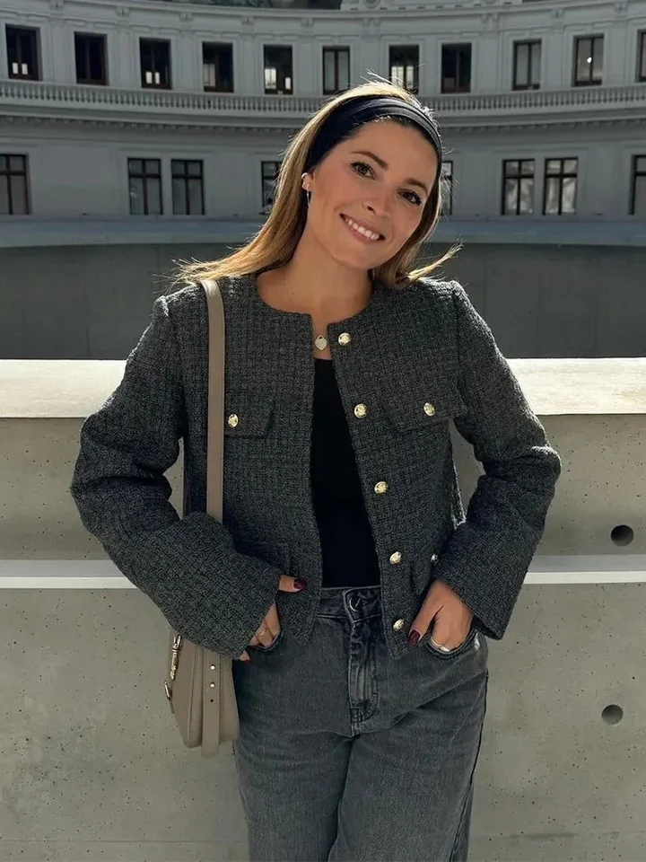 Chicheca Tweed pletené tmavo šedé sako kabát Ženy na jeseň zima gingham krátky kabát kancelária Lady vintage gombíky