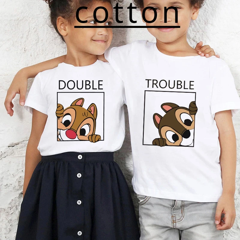 Chip and Dale Disney Kids Cotton Trhirts Cartoon Double Trouple Let Lety Letné dvojčatá Tops Tees Girl Girl Najlepšie priatelia detské oblečenie