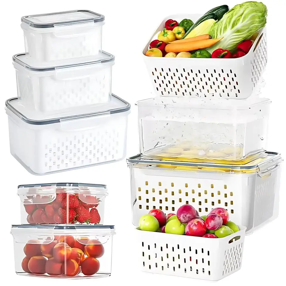 Chladnička Storage Box Čerstvé udržiavanie zeleninového ovocia Plastové utesnené škatule Odtoková košík chladnička kuchynská skladová nádoba