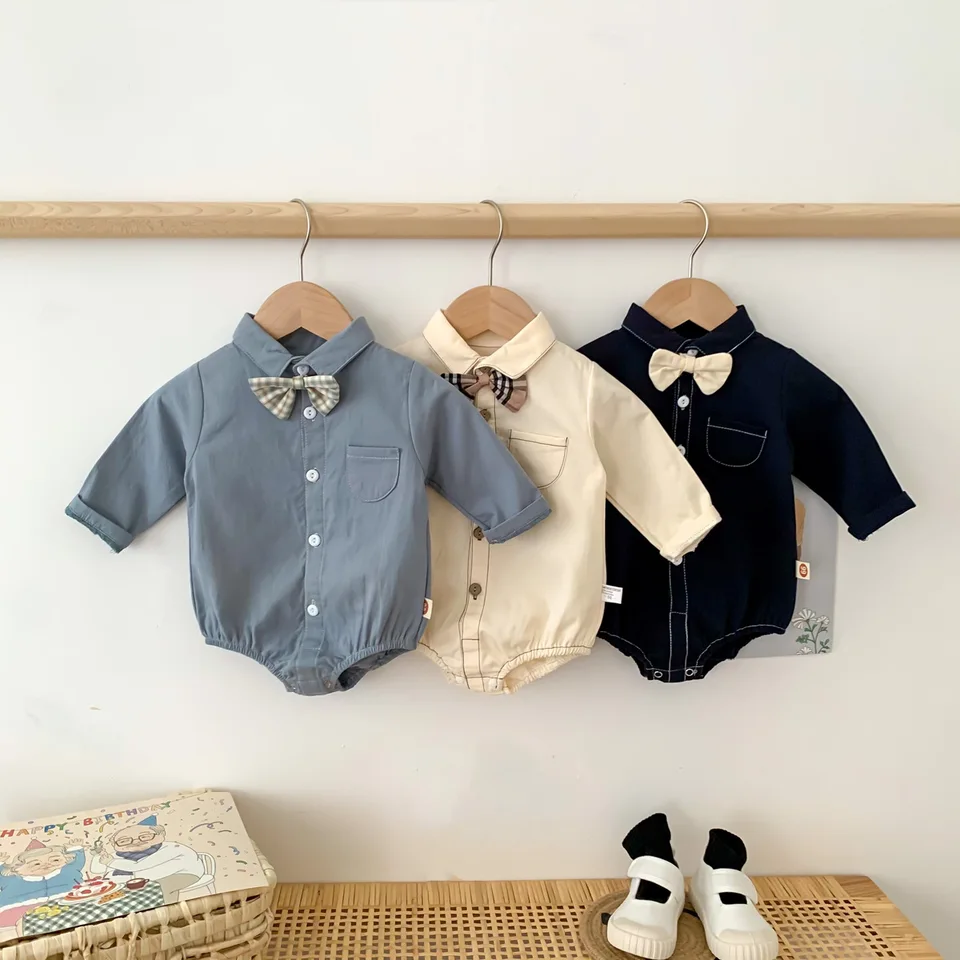 Chlapci Baby Bowtie tričko Plápací oblek pre batoľatá s dlhým rukávom Solid Color Onesie Novonarodené nové formálne oblečenie prd balenie lišky