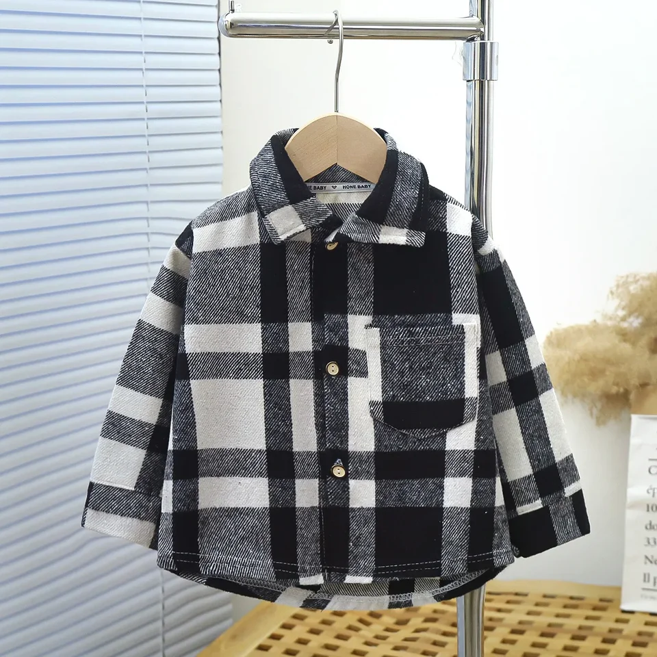 Chlapci Classic Plaid Plimed Tirls Coat Nové 2024 jarné jesenné vinobranie deti s dlhým rukávom klopne vrecko Tops Tops Tops Oblečenie