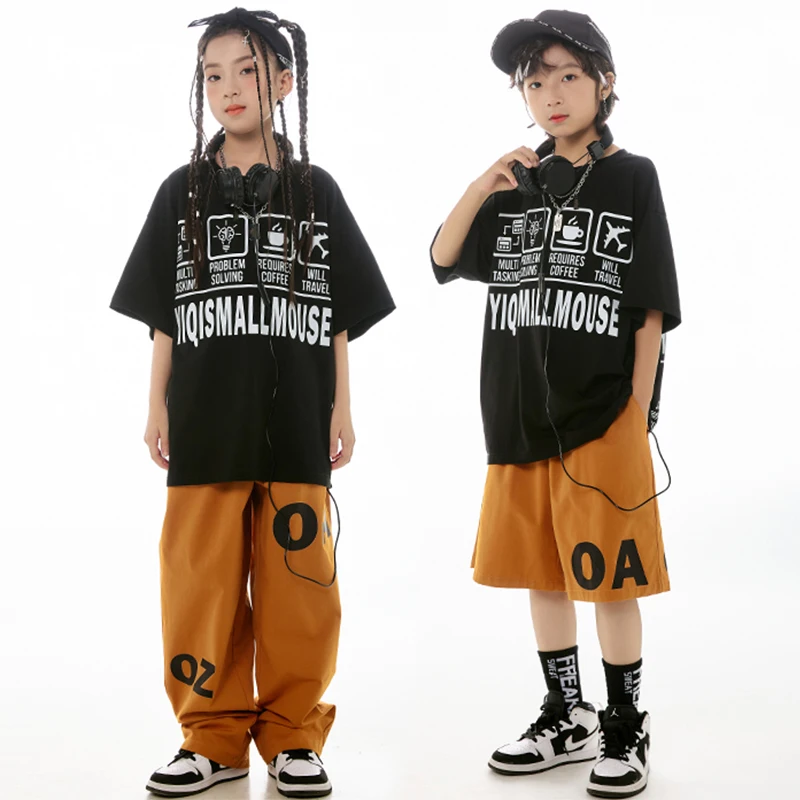 Chlapci hip hop oblečenia Dievčatá jazzový tanečný kostým voľné krátke rukávy tričko hnedé nohavice letné hiphop súťažné oblečenie BL12947