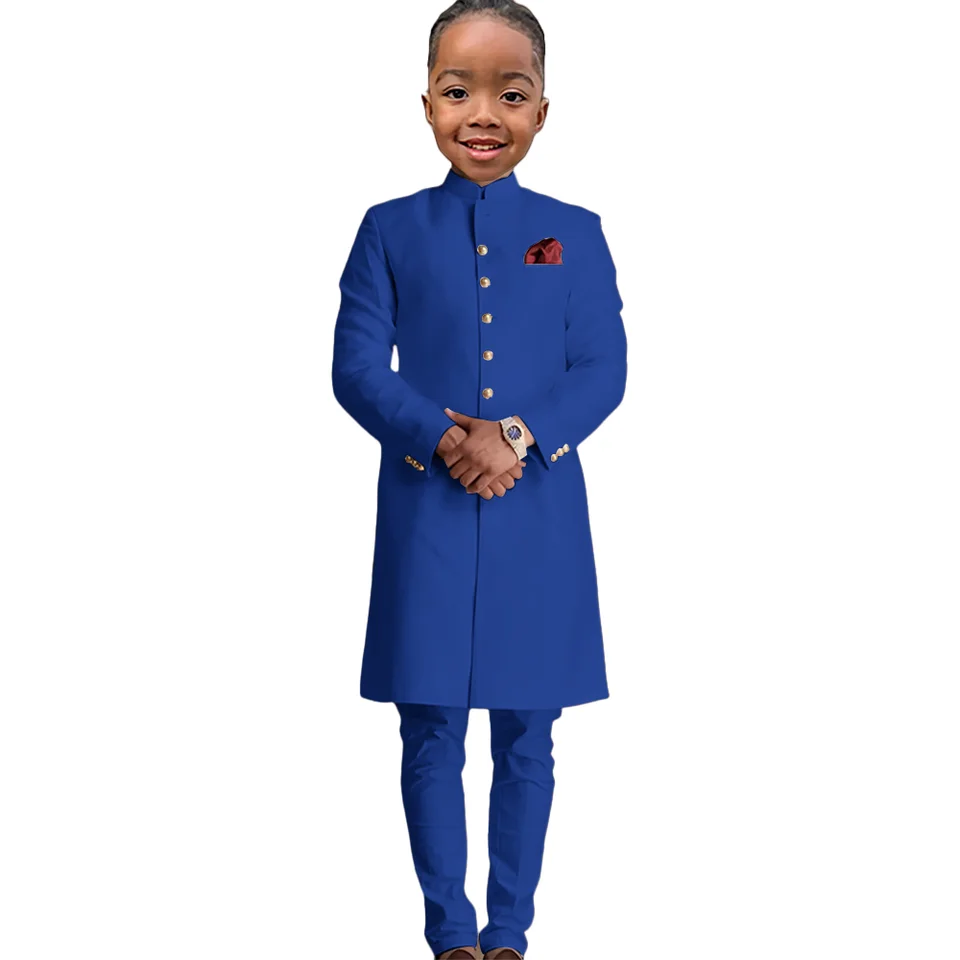 Chlapci z afrického štýlu oblek 2 -dielne jednostranné dojčené nohavice Royal Blue Wedding Kids Tuxedo Formálne párty šaty
