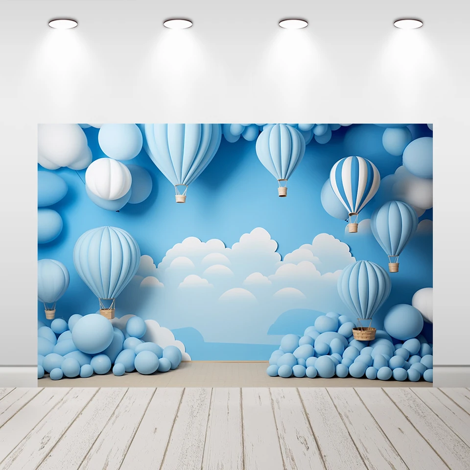 Chlapec 1. narodeniny Kady s horúcim vzduchom Balóny DECOND DEOCON BANNER Blue Sky Clouds Cake Smash Photo Pozadie pre fotografické štúdio