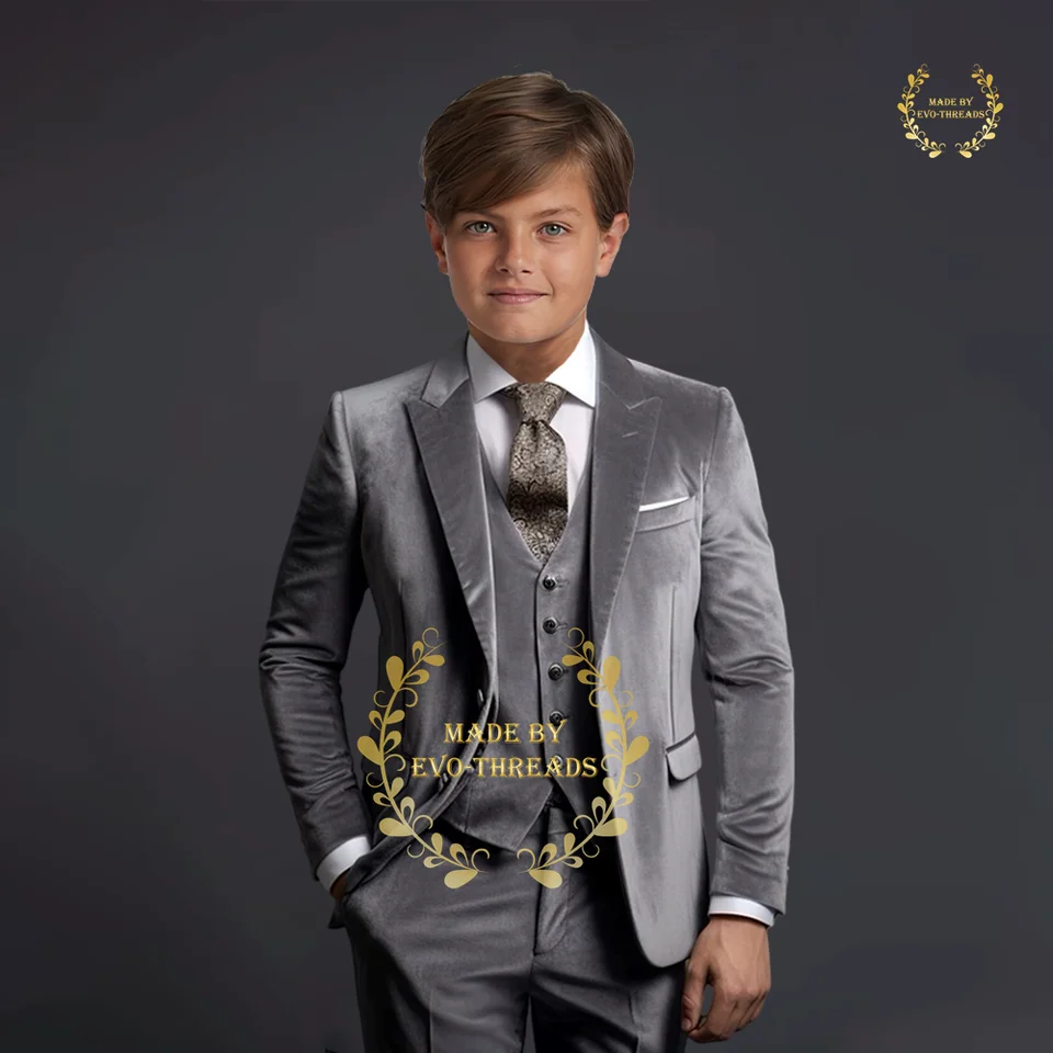 Chlapec Grey Formal Suit Detská svadobná show Hostiteľ kostým deti Detské vesty nohavice 3-dielne oblečenie Set Custom Velvet Tuxedo
