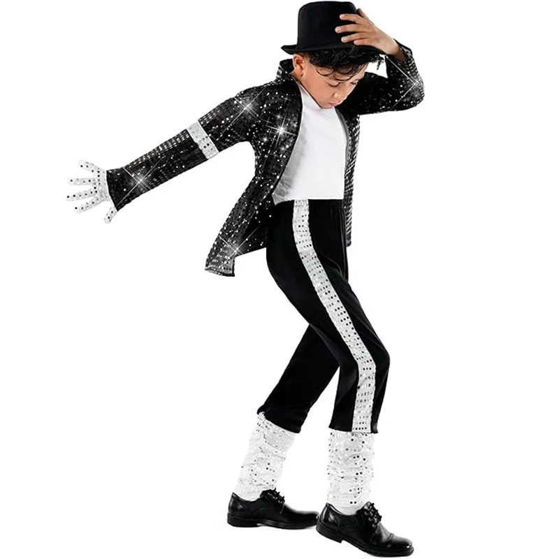 Chlapec Michael Jackson Billie Jean Cosplay Black Suit Dance Disco Halloween Fancy Dress Up Pop King kostým pre deti
