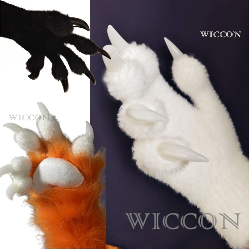 Chlpaté rukavice Kig fursuit kigurumi cosplay plyšové rukavice plné morské morské pazúry pazúry čierna biela viacfarebná pazúry roztomilý chladný chlpatý darček