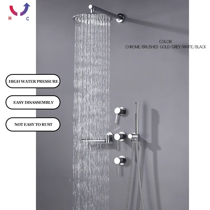 Chrome Matt Whit Wall namontovaný kúpeľňový sprchovací kúpeľ Mosadz Faucet Horúca voda mixér s kohútikmi s hlavou 10 palcov zrážok sprchy