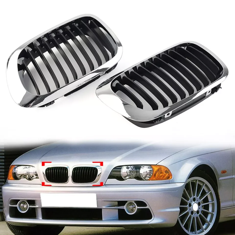 Chrome Silver & Black Front Bumper obličky Grill pre BMW 3 Series 1999-2002 E46 M3 323 I/IS 325CI 328 I/IS/CI 330CI 2 DR Grilles