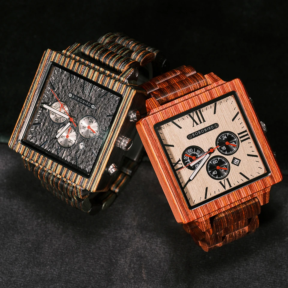 Chronograf Bobobird Quartz hodinky ľahké zafarbené drevené hodinky Prispôsobené hodinky na prispôsobené hodinky s darčekom pre kalendár pre Deň otcov