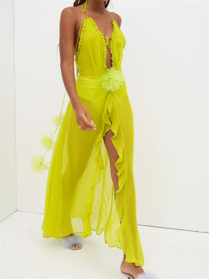 Chronstyle sexy ženy letná pláž dlhé šaty bez rukávov bez rukávov zviazanie backless seve-through kvetinové rozdelenie šiat ruffles Vestidos