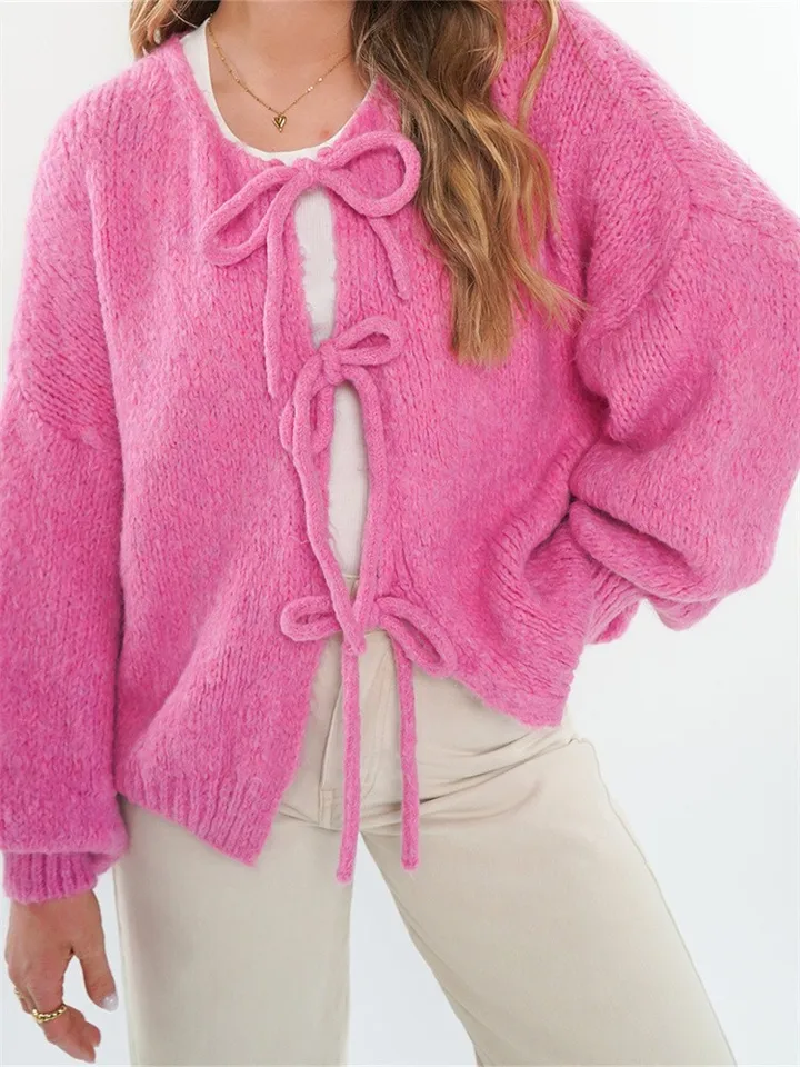 Chronstyle Ženy pletené sveter elegantné dlhé lampa rukávu predné zviazanie Solid Spring Fall Casual Bathets Swetres 2024 Jumper
