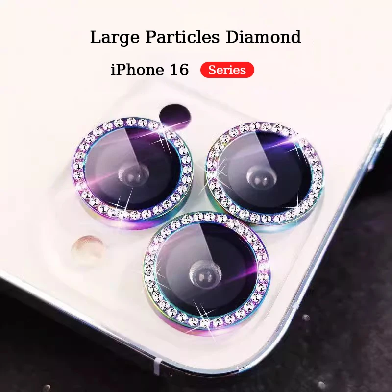 Chránič objektívu diamantového fotoaparátu pre iPhone 16 Promax 16 Plus 16 Pro iPhone 16 Farebný kovový kovový šošovkový krúžok Temperovaný sklenený kryt kamery
