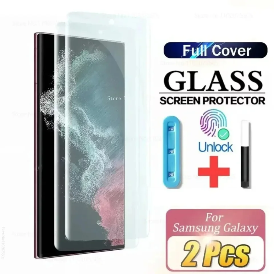 Chránič obrazovky s obrazovkou s kvapalinovým lepidlom UV pre Samsung Galaxy S22 S24 S23 Ultra Note 8 9 10 20 S8 S9 S10 S20 S21 Plus S24 Temperované sklo