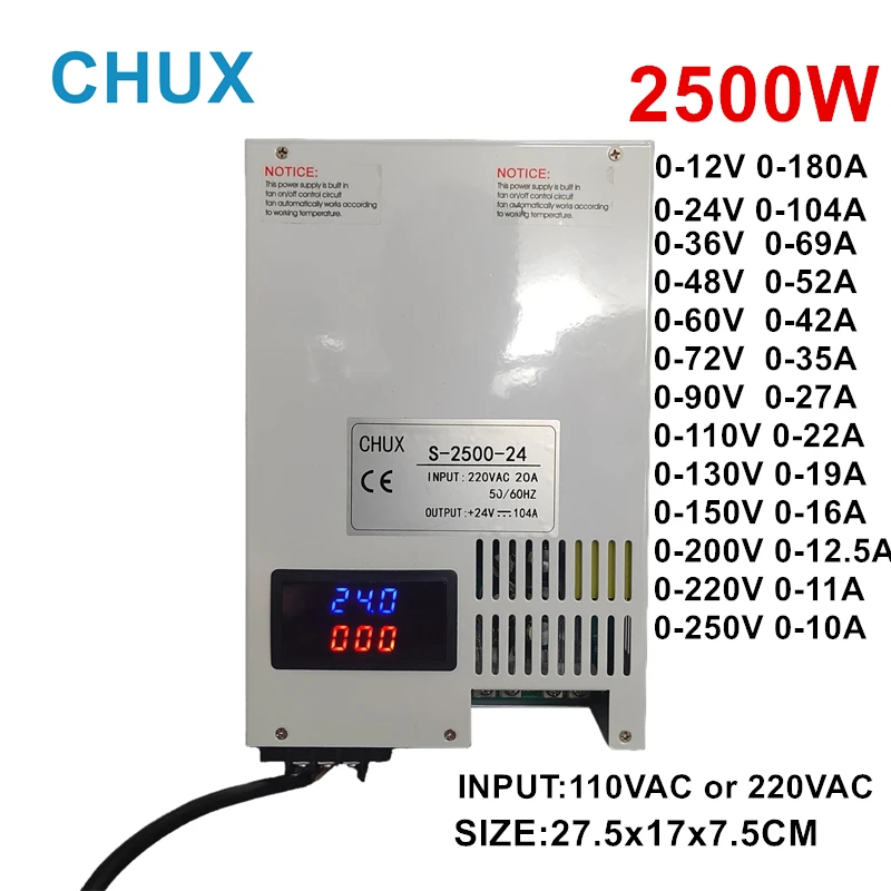 Chux 2500W Nastaviteľné DC prepínacie napájacie napájanie 12V 24V 36V 48V 60V 72V 90V 110V 200V 250V s LED dispaly AC DC napájacím napájaním