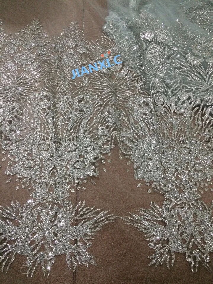 CICI-1116129 Horúca predaja africkej siete Lace Lace Lace Lace for Party Dress Tulle Lace Lace v striebre s lepenými trblietkami