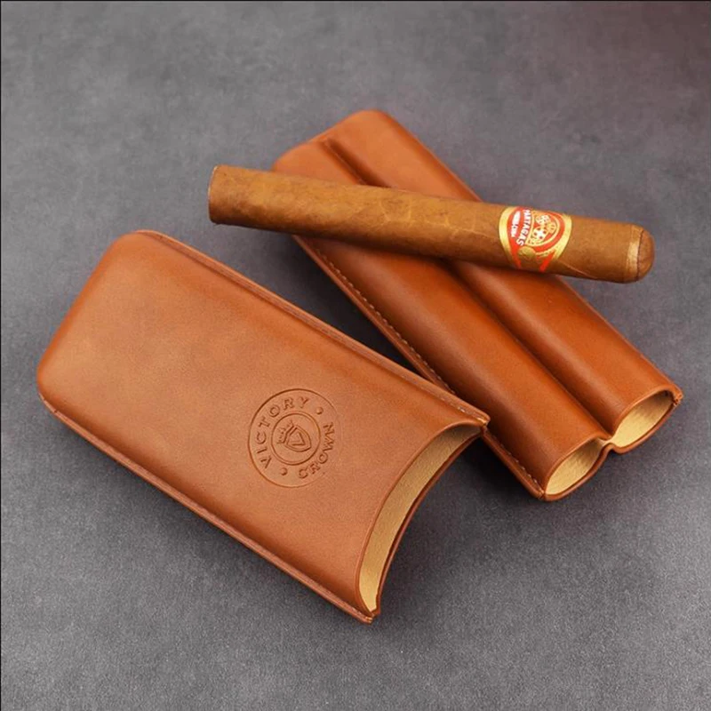 Cigar Cestovné puzdro Koža 2 trubice prenosné držiak cigár s ostrou rezačkou prepravujúca zvlhčovač fajčiarskych doplnkov darček pre priateľa