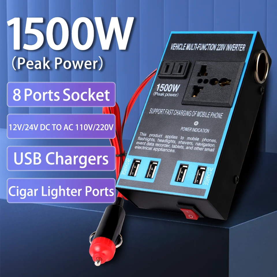 Cigar Lighter Socket Power Adapter Prevodník rýchleho nabíjania AC Sockets DC 12V/24 V až AC 110V/220 V USB