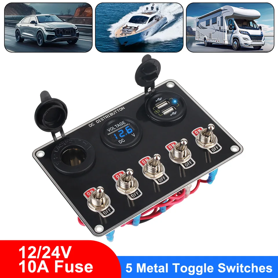 Cigareta zapaľovač Voltmeter 36W RV Camping Car Accessory Panel Panel QC3.0 rýchla nabíjačka zapnutá/vypínač Rocker prepínač 12-24V USB