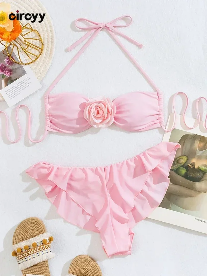 Circyy plavky Ženy Sexy plavky oblek Pink 3d kvetinové ohláňacie bikiny súpravy Dvojdielne rozdelené letné módne šnurovanie Biquinis