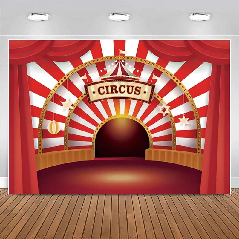 Cirkusové pozadie narodeninové oslavy Stan Strips Curtain Carousel Carnival Night Kids detské fotografie pozadie dekorácie banner