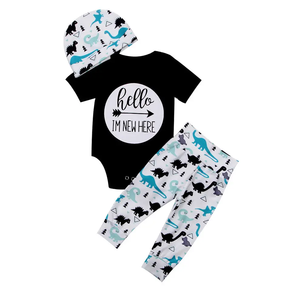 CITGEETT 3PCS Novonarodený chlapec dievčatka 2018 Oblečenie Hello Black Bodysuit + dlhý dinosaurus Pant + Hat Outfits Oblečenie 0-18M
