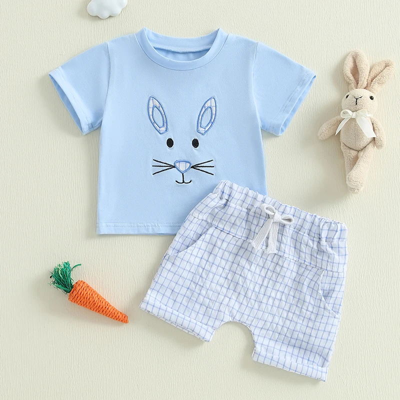 Citgeett letné Veľkonočné batoľatá batoľatá chlapci oblečenie Bunny výšivky krátke rukávy tričko Elastické kockované šortky set oblečenie