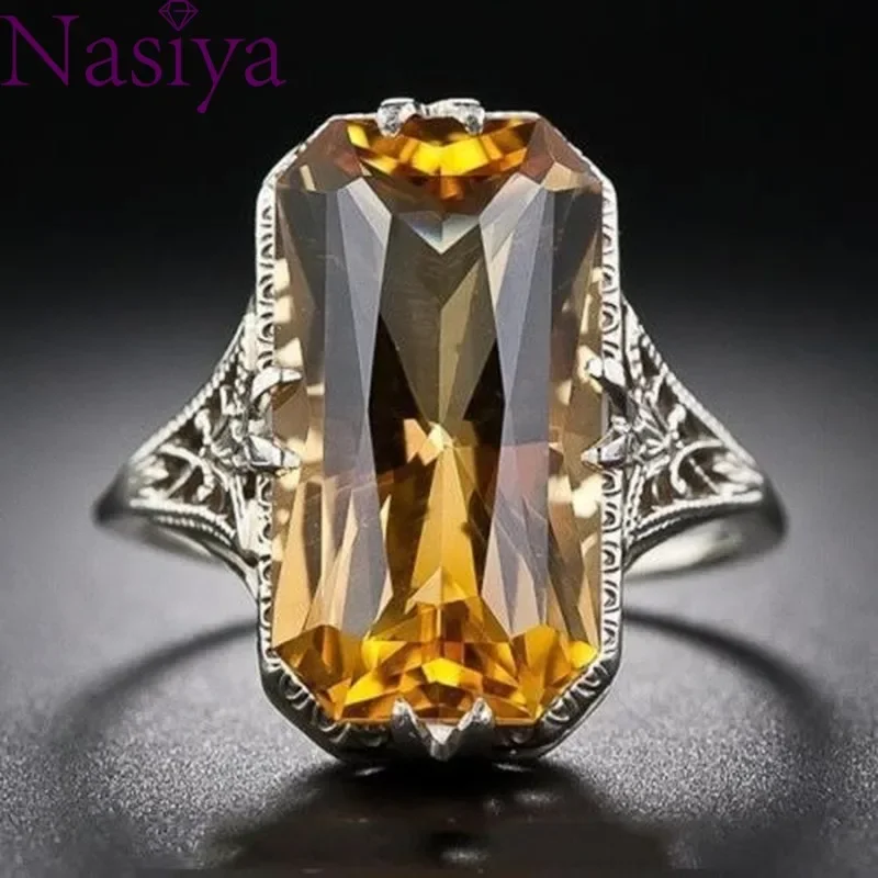 Citrine Dutlowed-out vyrezávaný S925 Strieborné prstene prehnané strieborné ruky šperky pre ženy Gemstone Svadba