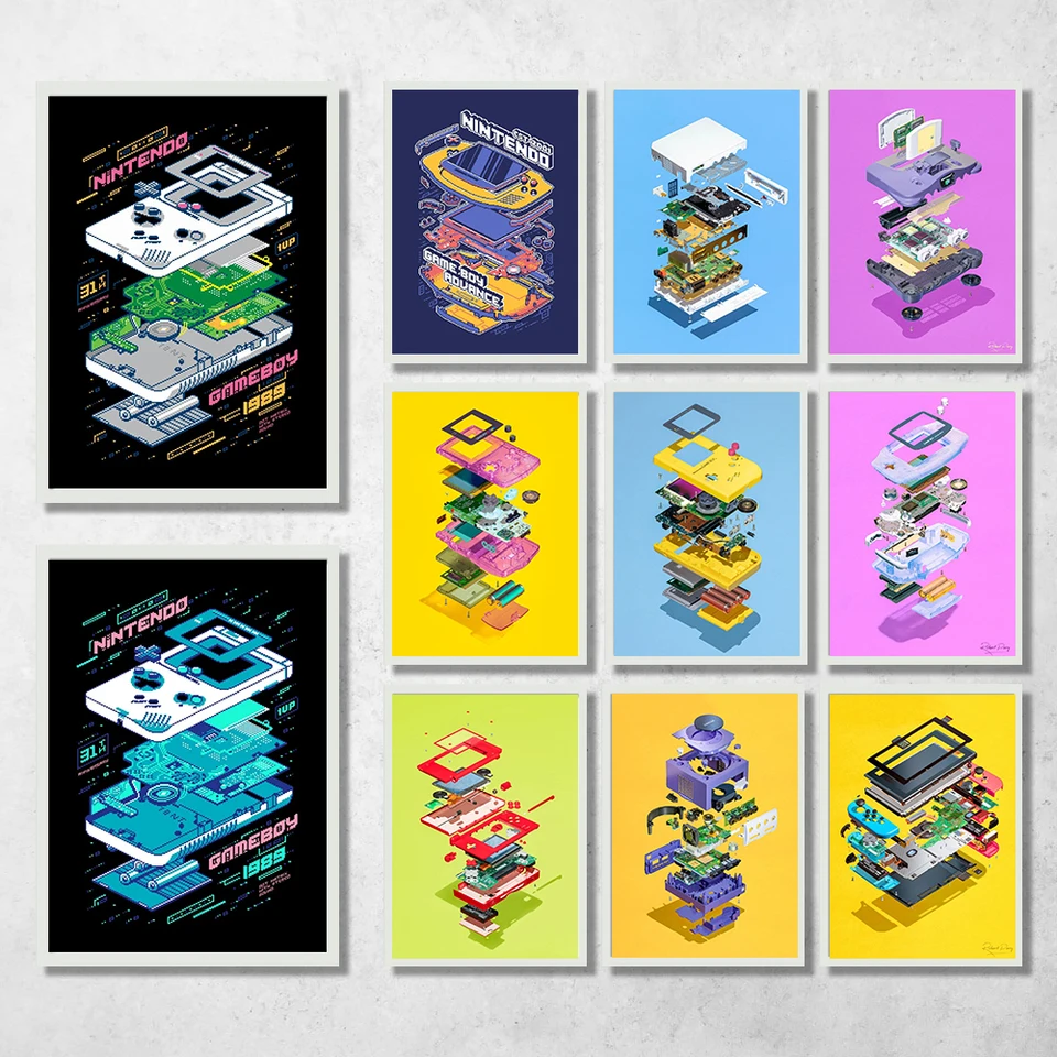 Classic Game Console Demassembody Diagram Plagát Canvas Prints Classic Game Boy Her Player Decor Decor for Kids Room Gaming Room
