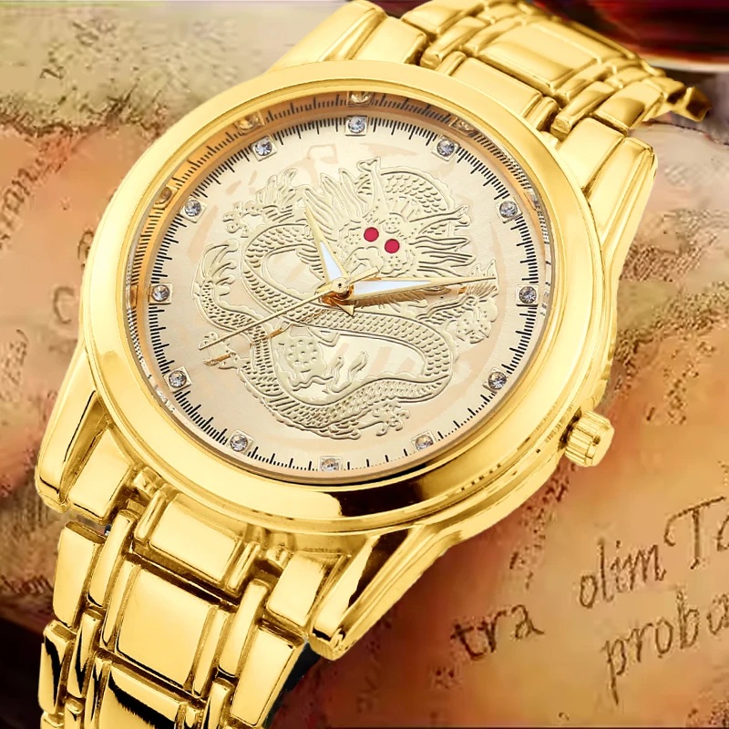 Classic Men's Watch Nový rok Dragon Watch Gold Steel Band Band 40mm Pánske darčeky Darbilné výklenky