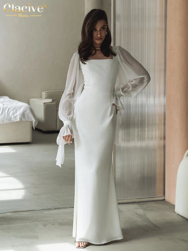 Clave Bodycon White Office Dámske šaty módny štíhly štvorcový golier s dlhým rukávom Dĺžka šaty ženské oblečenie 2024