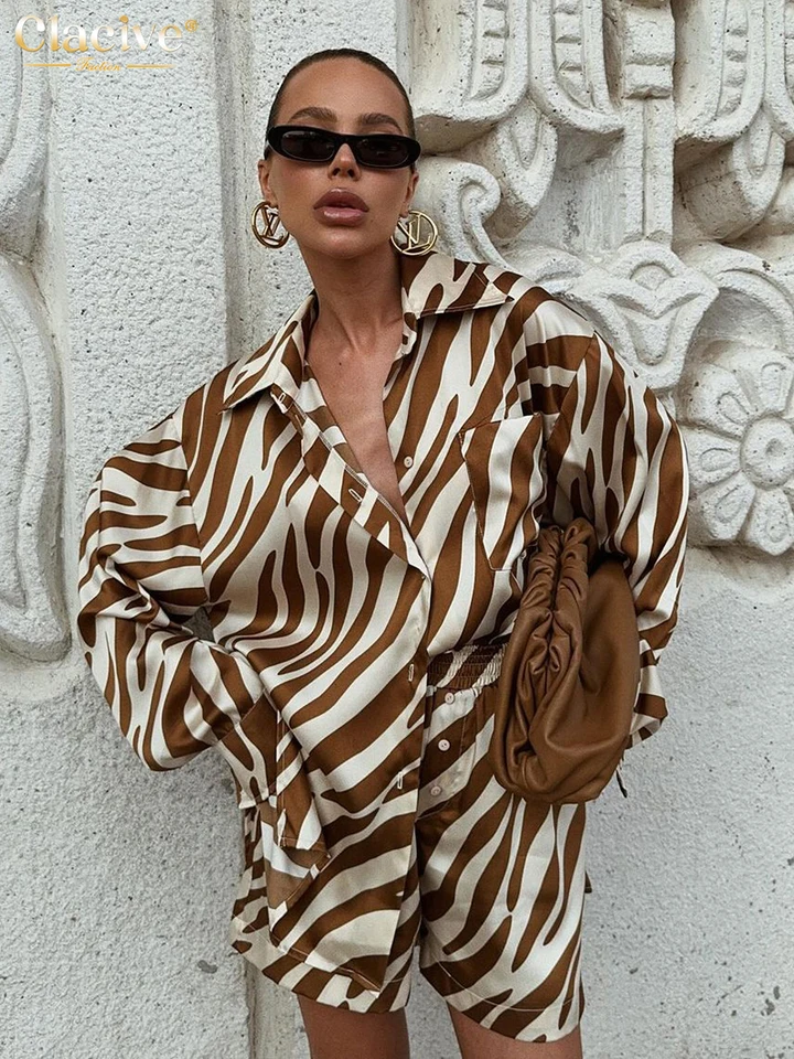 Clave Fashion Loose Stripe Print 2 kusové súpravy Ženy outfit 2024 Elegantné tričko s dlhým rukávom s vysokými pásovými šortkami set female