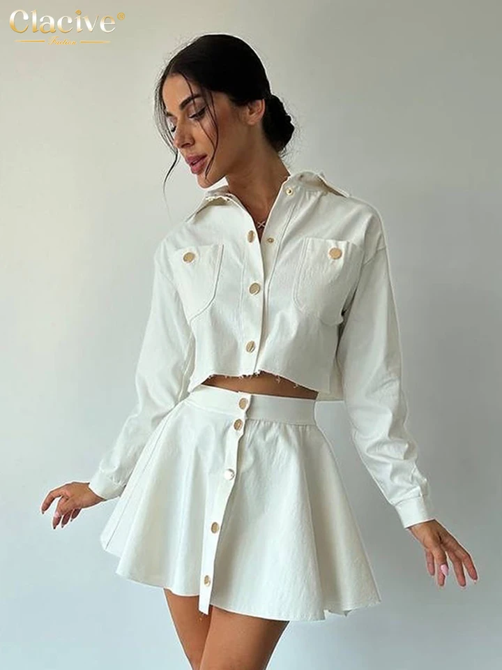 Clave Fashion Loose White Cotton 2 kusové súpravy Ženy outfit 2025 Elegantná vrchná časť plodín s dlhým rukávom s vysokou pásmovou sukňou
