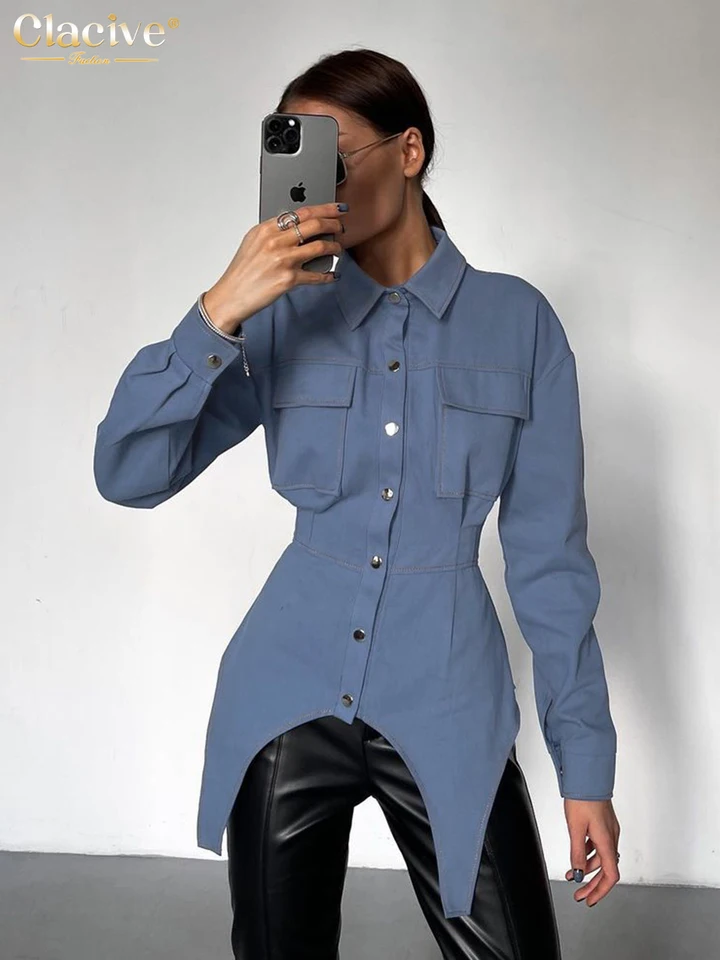 Clave Fashion Slim Blue Dámska košeľa Elegantné klopy s dlhým rukávom Kancelária a blúzky Bodycon Chic Vocs Tops Female