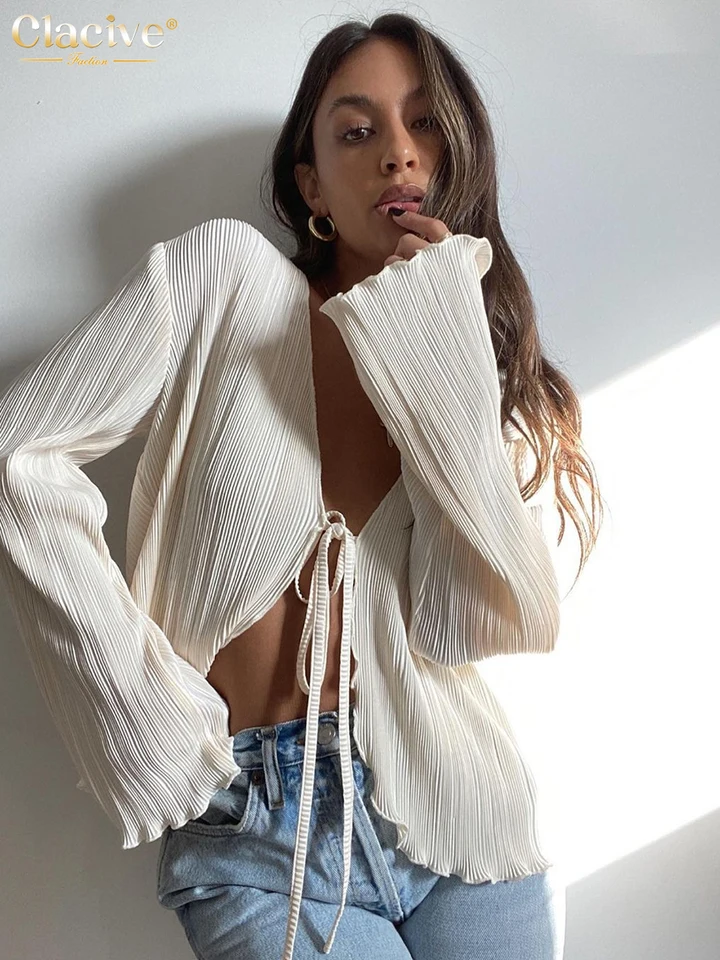 Clave Sexy White-Up Dámska košeľa Summer Bodycon s dlhým rukávom Blúzky Dámske módne skladané top ženské oblečenie 2022