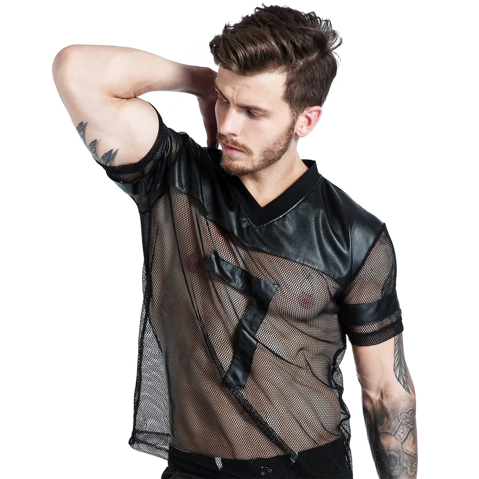 Clever-Menmode Sexy Men Fishnet Tričko Pu faux kožené košele Zieva