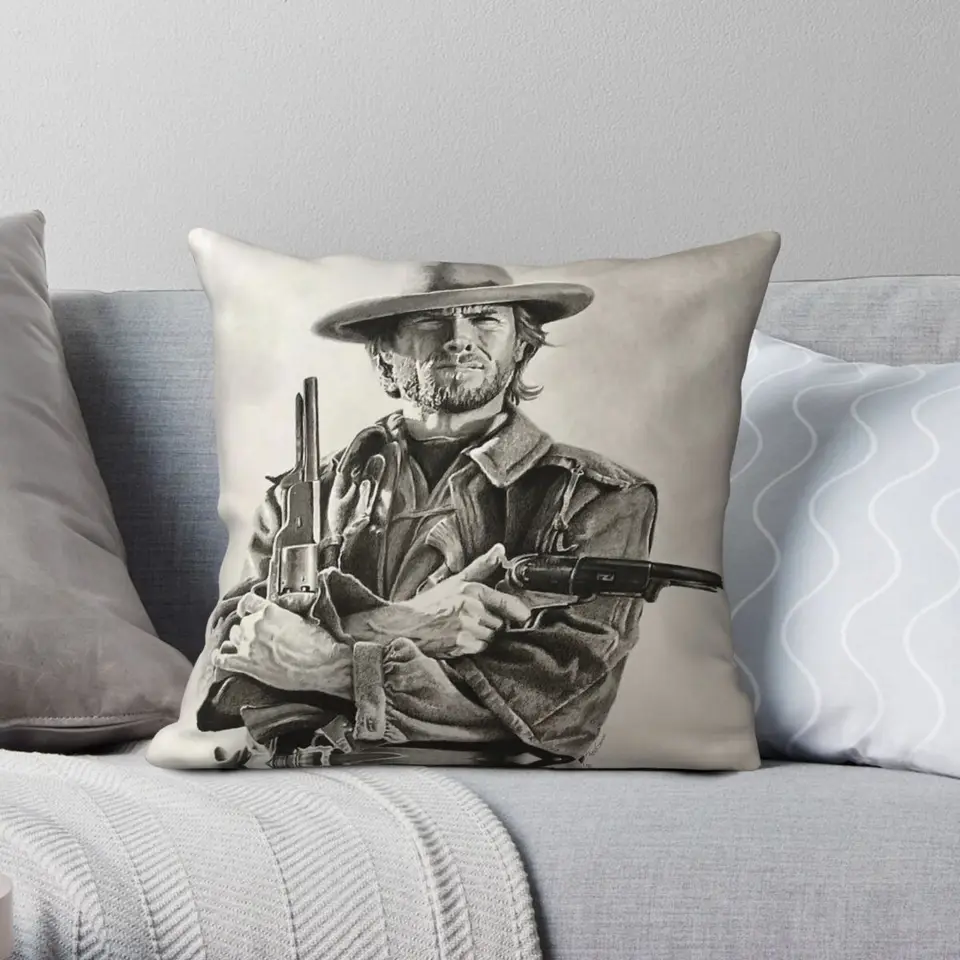 Clint Eastwood Sketward Cowboy Square vankúš Pollowcase Polyester Linen Velvet tlačený na zips Trow vankúš vankúš na vankúšový kryt 18 