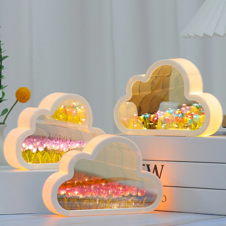 Cloud tulipán nočné svetlo ručne vyrobené domáce zvieratá kvetina Domáca dekorácia zrkadlo kreatívna atmosféra lampa narodeniny darček Valentín