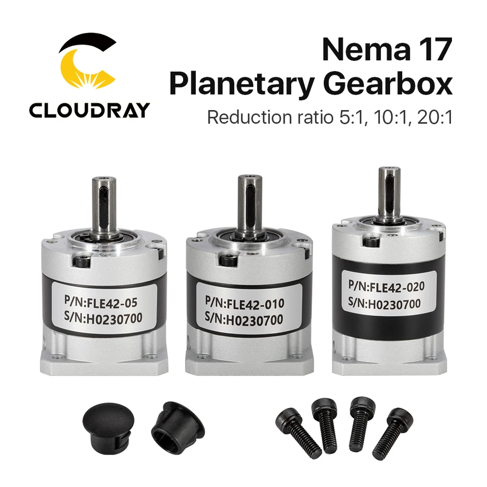 Cloudray NEMA17 planéta prevodovky prevodovky Reduktor rýchlosti s pomerom 5: 1, 10: 1, 20: 1, 5 mm vstup pre NEMA17 krokový motor