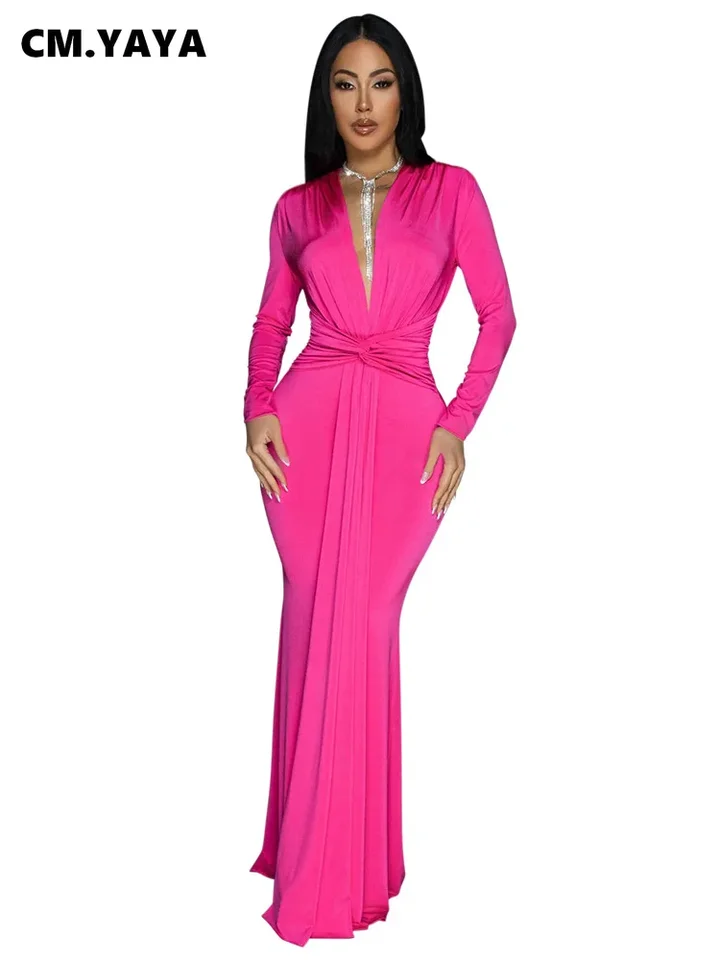 Cm.yaya 2024 Jeseň sviatok s plným rukávom V-krk dlhé maxi šaty ulica Ruched Women Birthday Party večer večer Vestido šaty