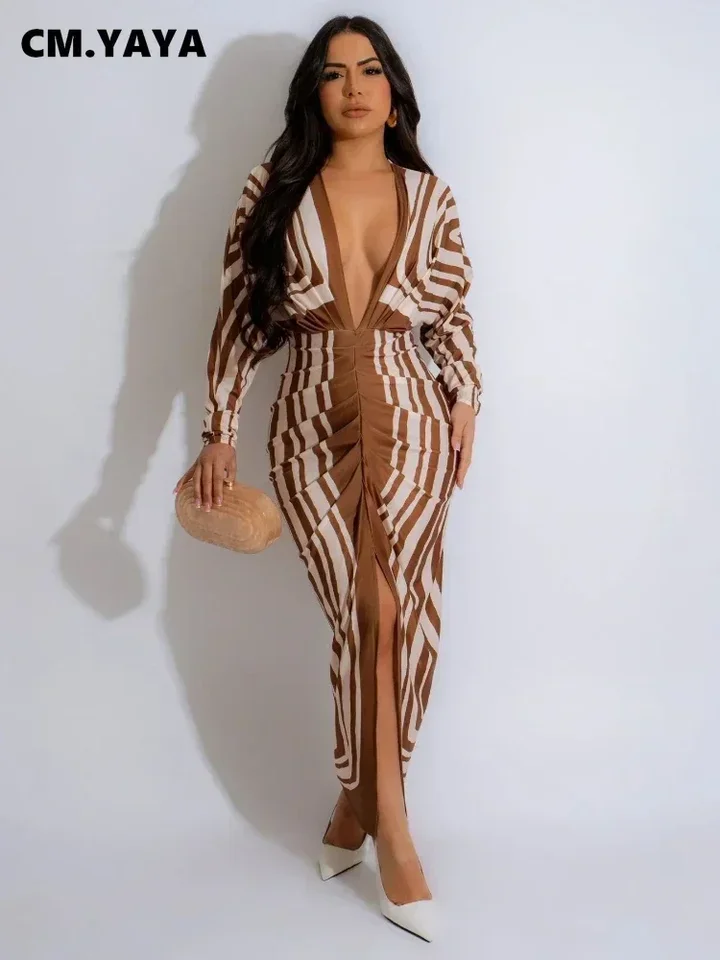 Cm.yaya 2024 Jeseň V krku Ruched Stohované midi šaty Ženy Full Ruckve Tlač Bodycon Night Club Party Bandage Dresses Vestidos
