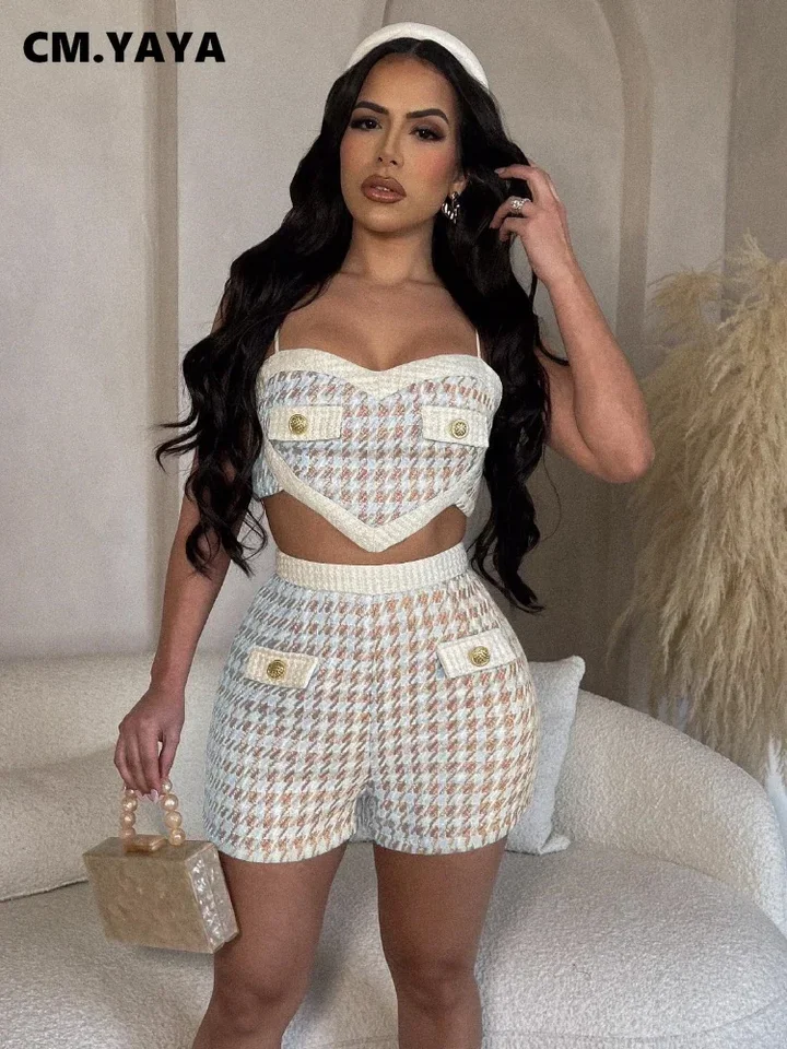 Cm.yaya elegantné dve 2 -kusové ženy set letné kockované tlačidlo Tlačové remienky Tops +šortky súpravy roztomilé dievčenské ulice Tracksuit Outfits