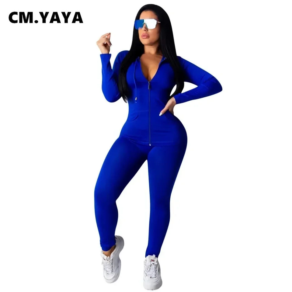 Cm.yaya jesenná dámska pevná zipsová zipsová hore s dlhým rukávom s kapucňou Top Pants Pants Dous -Set Set Predaly Sporting Tracksuit Outfit