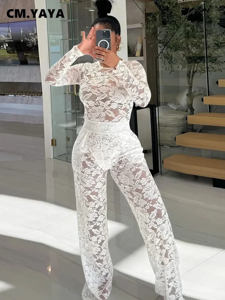 Cm.yaya kvetinová čipka Pozrite sa prostredníctvom módnych modylov žien a nohavíc so širokými nohami 2024 Sexy Streetwear Dva 2 -kusové súpravy outfit