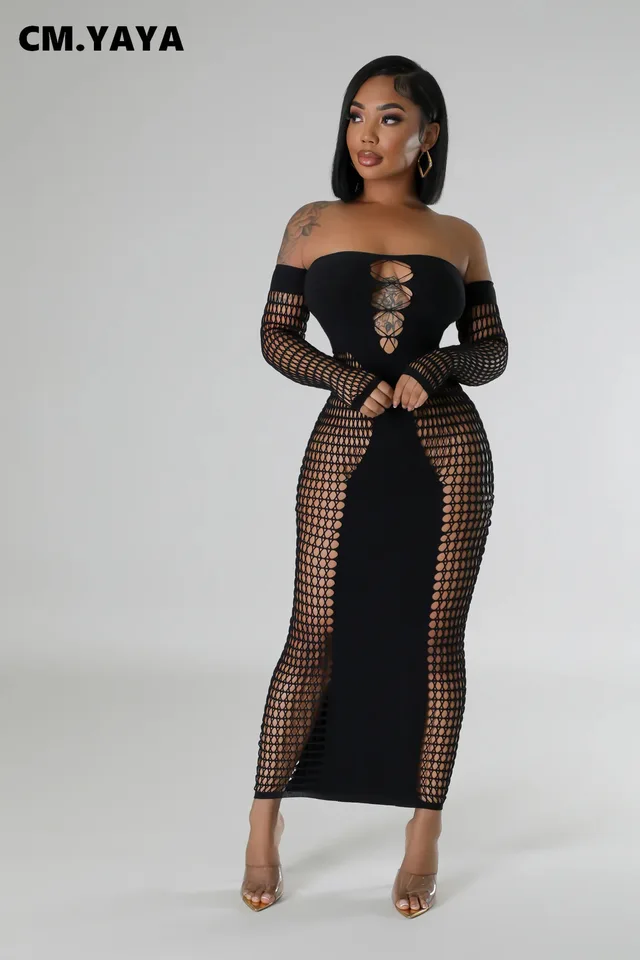 Cm.yaya leto s plným rukávom dlhé šaty slova dutina z 2024 Evening Vestidos Sexy Party Club maxi šaty Vestidos